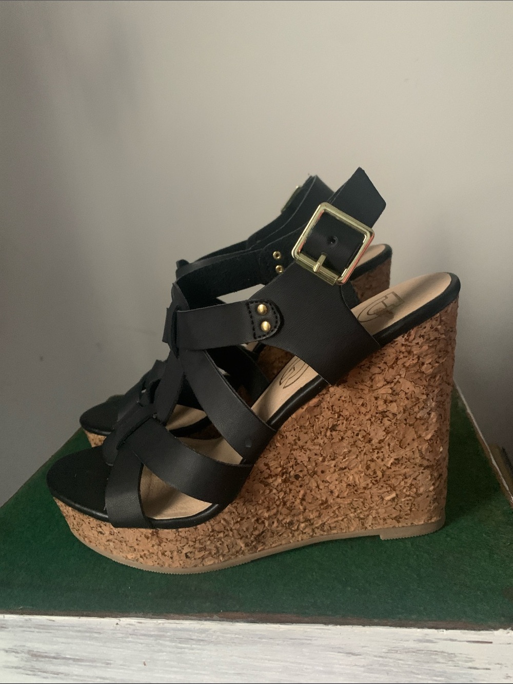 Black Cork Wedge Sandals with Gold Buckle - Women